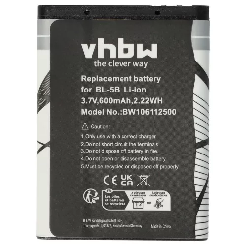 VHBW Mobile Phone Battery for Blu N5B80T - 600 mAh 3.7 V Li-Ion