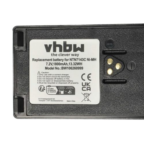 VHBW Radioakku Motorola NTN7143B, NTN7143C, NTN7143A, NTN7143 - 1800 mAh 7,5 V NiMH + Gürtelclip