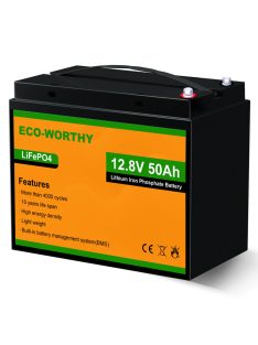   Eco-Worthy LiFePO4 12V 50Ah lítium-vasfoszfát akkumulátor - Prémium minőségű napelemes tároló akkumulátor lakóautókhoz, hajókhoz és off-grid rendszerekhez