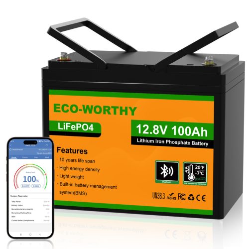 Eco-Worthy 12V 100Ah LiFePO4 lítium-vasfoszfát akkumulátor Bluetooth kapcsolattal - lakóautókhoz, hajókhoz, napelemes off-grid rendszerekhez