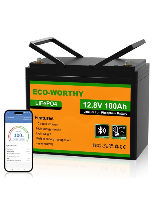 Eco-Worthy 12V 100Ah LiFePO4 lítium akkumulátor Bluetooth kapcsolattal - Hosszú élettartamú, napelemes tároló akkumulátor lakóautókhoz, hajókhoz, off-grid rendszerekhez