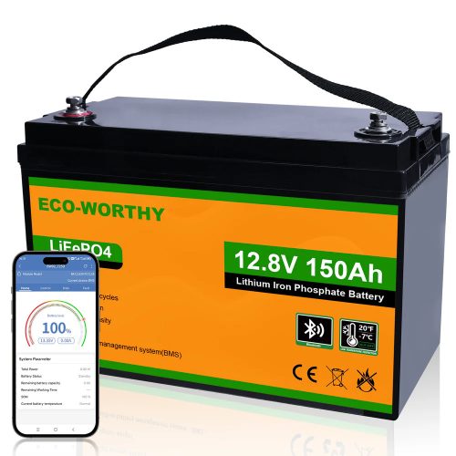 Eco-Worthy 12V 150Ah LiFePO4 lítium-vasfoszfát akkumulátor Bluetooth funkcióval - Mély ciklusú akkumulátor napelemes rendszerekhez, lakóautókhoz és off-grid alkalmazásokhoz