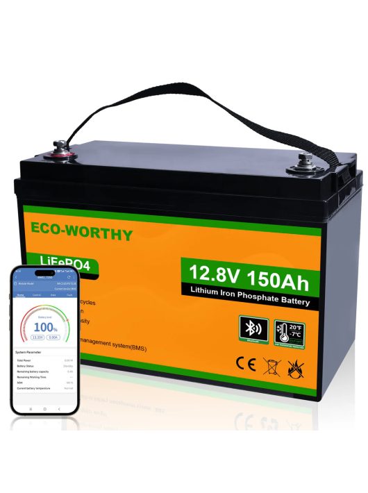 Eco-Worthy 12V 150Ah LiFePO4 lítium-vasfoszfát akkumulátor Bluetooth funkcióval - Mély ciklusú akkumulátor napelemes rendszerekhez, lakóautókhoz és off-grid alkalmazásokhoz