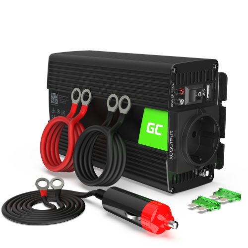 Green Cell Autós Inverter 12V-ról 230V-ra (feszültség növelő) 300W/600W Módosított szinuszhullám INV01DE személyautóhoz, lakóautóhoz, lakókocsihoz