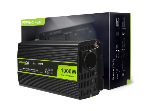 Green Cell Autós Inverter 24V-ról 230V-ra (feszültség növelő) 1000W/2000W, Tiszta szinuszhullám INV18 buszhoz, kamionhoz, teherautóhoz