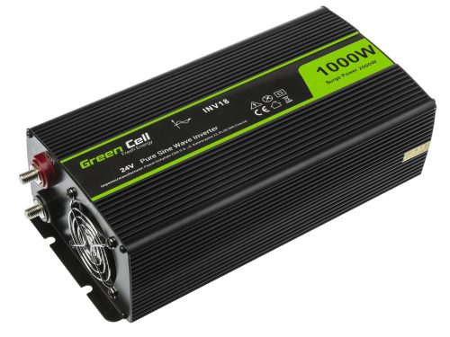 Green Cell Autós Inverter 24V-ról 230V-ra (feszültség növelő) 1000W/2000W, Tiszta szinuszhullám INV18 buszhoz, kamionhoz, teherautóhoz