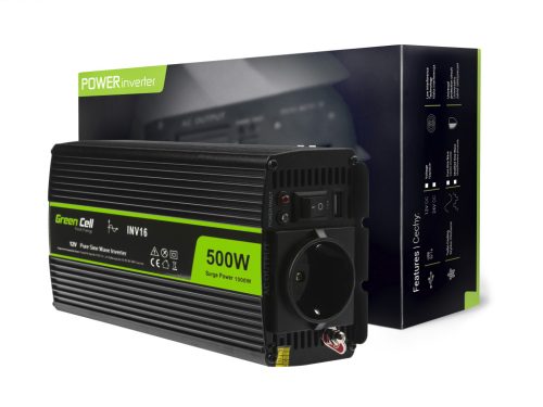 Green Cell Autós Inverter 12V-ról 230V-ra (feszültség növelő) 500W/1000W, Tiszta szinuszhullám INV16 személyautóhoz, lakóautóhoz, lakókocsihoz