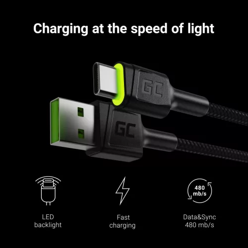Kabel Ray USB Kabel - USB-C 120cm mit grüner LED-Beleuchtung und schneller Ultra Charge, QC 3.0 Unterstützung KABGC06