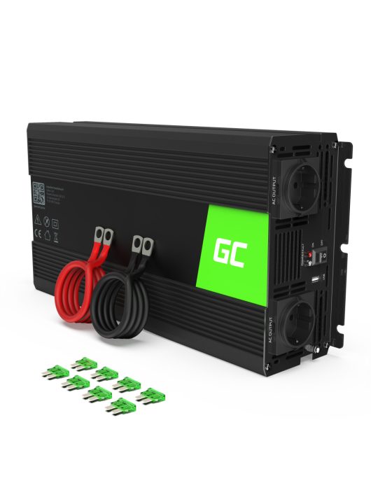 Green Cell Autós Inverter 12V-ról 230V-ra (feszültség növelő) 1500W/3000W Tiszta szinuszhullám INV22 személyautóhoz, lakóautóhoz, lakókocsihoz