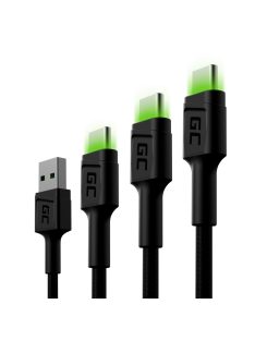   Szett, 3x GC Ray USB-C 30cm, 120cm, 200cm USB kábel zöld LED háttérvilágítással, Ultra Charge, QC 3.0 gyorstöltéssel KABGCSET01