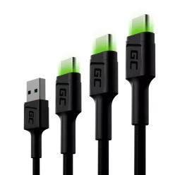   Set, 3x GC Ray USB-C 30cm, 120cm, 200cm USB-Kabel mit grüner LED-Hintergrundbeleuchtung, Ultra Charge, QC 3.0 Schnellladung KABGCSET01