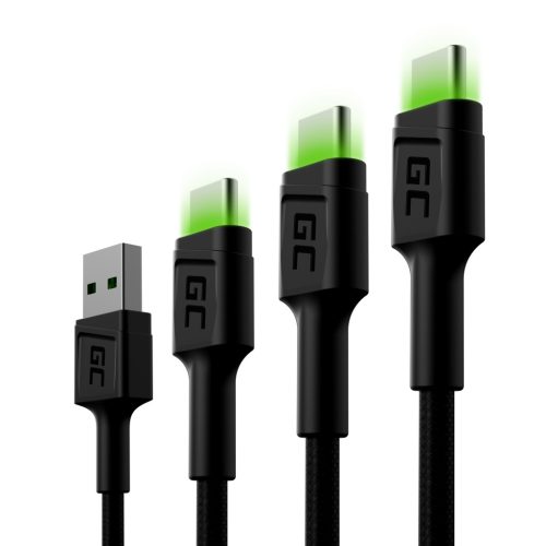 Set, 3x GC Ray USB-C 30cm, 120cm, 200cm USB cable with green LED backlight, Ultra Charge, QC 3.0 fast charging KABGCSET01