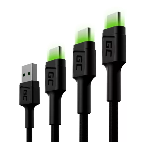 Set, 3x GC Ray USB-C 30cm, 120cm, 200cm USB-Kabel mit grüner LED-Hintergrundbeleuchtung, Ultra Charge, QC 3.0 Schnellladung KABGCSET01