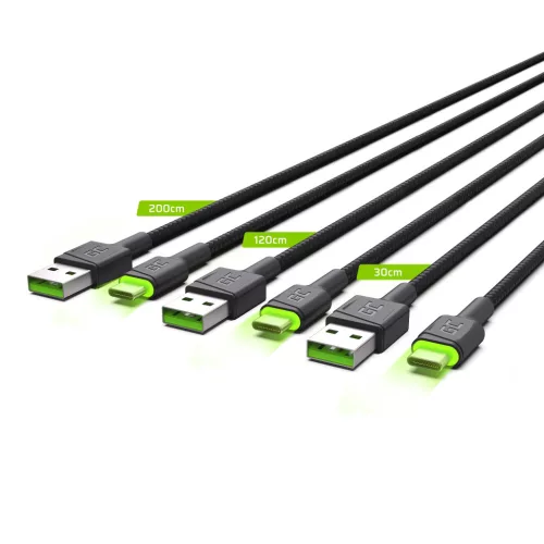 Set, 3x GC Ray USB-C 30cm, 120cm, 200cm USB-Kabel mit grüner LED-Hintergrundbeleuchtung, Ultra Charge, QC 3.0 Schnellladung KABGCSET01