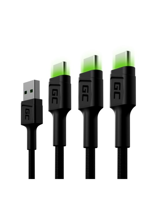 Szett, 3x GC Ray USB-C 120 cm-es USB kábel zöld LED háttérvilágítással, Ultra Charge, QC 3.0 gyorstöltéssel KABGCSET02