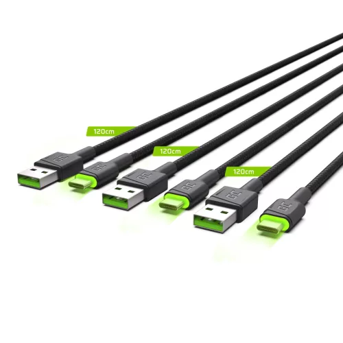 Szett, 3x GC Ray USB-C 120 cm-es USB kábel zöld LED háttérvilágítással, Ultra Charge, QC 3.0 gyorstöltéssel KABGCSET02