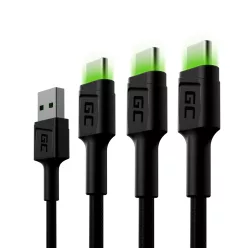   Set, 3x GC Ray USB-C 200 cm USB Kabel mit grüner LED Hintergrundbeleuchtung, Ultra Charge, QC 3.0 Schnellladung KABGCSET03