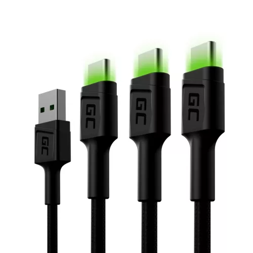 Set, 3x GC Ray USB-C 200 cm USB Kabel mit grüner LED Hintergrundbeleuchtung, Ultra Charge, QC 3.0 Schnellladung KABGCSET03