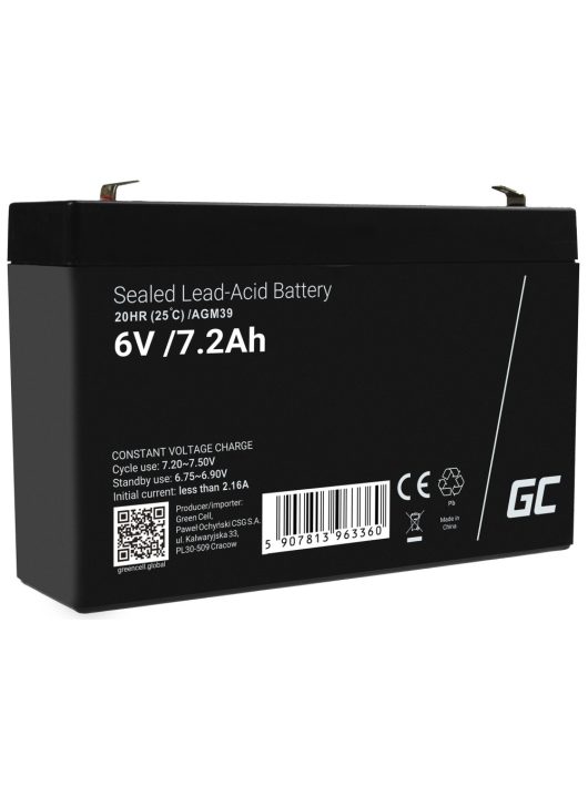 AGM VRLA gondozásmentes ólom akkumulátor / akku 6V 7.2Ah AGM39 riasztókhoz, pénztárgépekhez, játékokhoz
