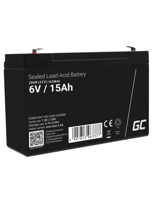 AGM VRLA gondozásmentes ólom akkumulátor / akku 6V 15Ah AGM40 riasztókhoz, pénztárgépekhez, játékokhoz