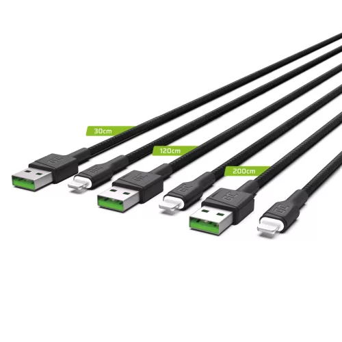 3x Kabel GC Ray USB - Lightning 30cm, 120cm, 200cm für iPhone, iPad, iPod, weiß LED, Schnellladung KABGCSET04