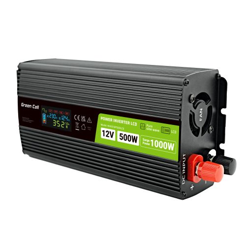 Green Cell Autós Inverter 12V-ról 230V-ra (feszültség növelő) 500W/1000W Tiszta szinuszhullám INVGC12P500LCD személyautóhoz, lakóautóhoz, lakókocsihoz