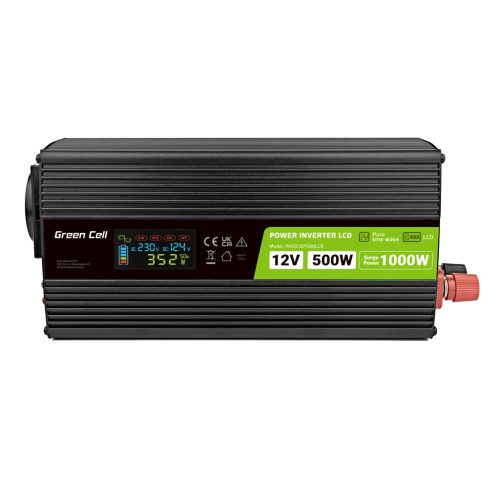 Green Cell Autós Inverter 12V-ról 230V-ra (feszültség növelő) 500W/1000W Tiszta szinuszhullám INVGC12P500LCD személyautóhoz, lakóautóhoz, lakókocsihoz
