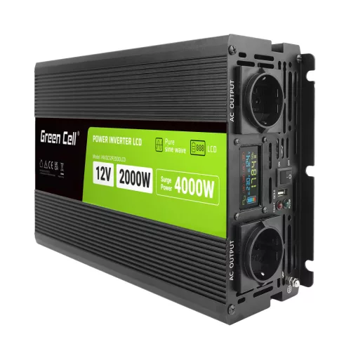 Greencell Autós Inverter 12V-ról 230V-ra (feszültség növelő) 2000W/4000W Tiszta szinuszhullám INVGC12P2000LCD személyautóhoz, lakóautóhoz, lakókocsihoz