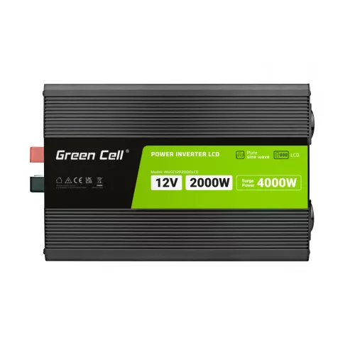 Greencell Autós Inverter 12V-ról 230V-ra (feszültség növelő) 2000W/4000W Tiszta szinuszhullám INVGC12P2000LCD személyautóhoz, lakóautóhoz, lakókocsihoz