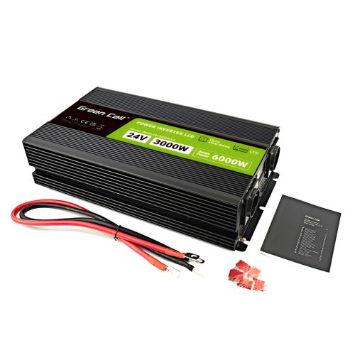 Green Cell Autós Inverter 24V-ról 230V-ra (feszültség növelő) 3000W/6000W Tiszta szinuszhullám INVGC24P3000LCD teherautókhoz, buszokhoz, lakóautóhoz, lakókocsihoz
