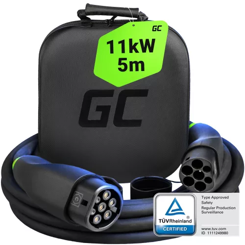 Green Cell Snap Type 2 Cable for Electric Vehicle Charging (5 m, 11 kW, 16A) for Tesla Model 3 S X Y, VW ID.4, Kia EV6, Hyundai IONIQ 5, Ford Mach-E Models EVKABGC03