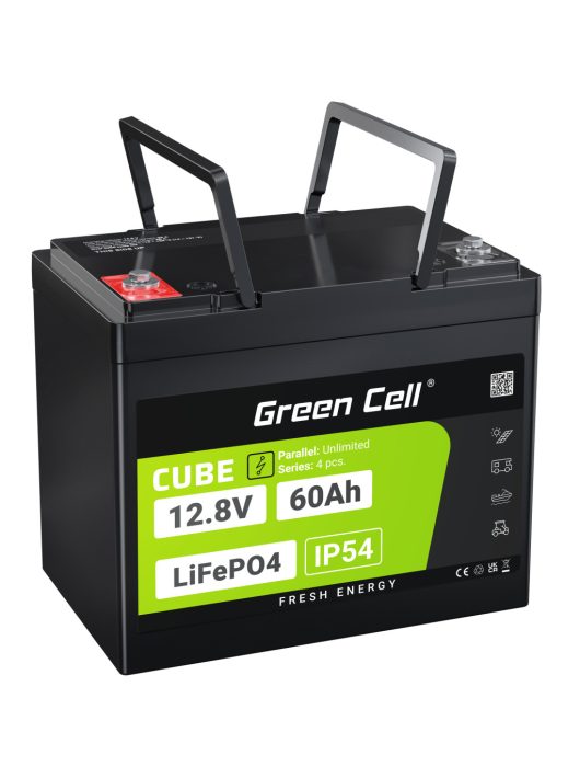 Green Cell CUBE LiFePO4 60Ah 12.8V 768Wh lítium-vas-foszfát akkumulátor elektromos motorokhoz, lakóautóhoz, liftekhez LFPGC12V60AH