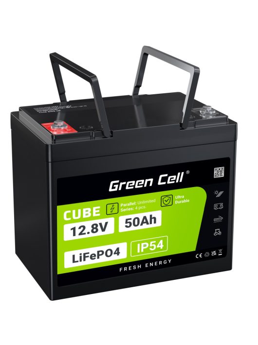 Green Cell CUBE LiFePO4 50Ah 12.8V 640Wh lítium-vas-foszfát akkumulátor lakóautóhoz, golfkocsihoz, szélerőműhöz LFPGC12V50AH