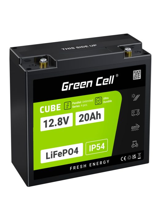 Green Cell CUBE LiFePO4 20Ah 12,8V 256Wh lítium-vas-foszfát akkumulátor traktorokhoz, fűnyírókhoz, elektromos járművekhez LFPGC12V20AH