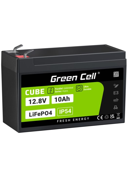 Green Cell CUBE LiFePO4 akkumulátor/akku 10Ah 12.8V 128Wh, áramellátáshoz és vészvilágításhoz, vezérlőpanelekhez LFPGC12V10AH