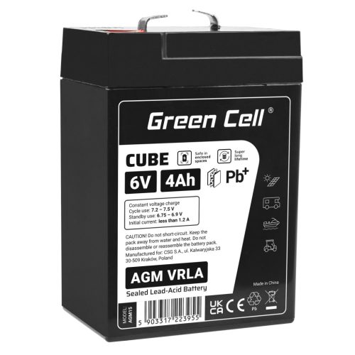 Green Cell Cube AGM VRLA IP54 6V 4Ah karbantartásmentes akkumulátor riasztórendszerekhez, pénztárgépekhez, játékokhoz AGM6V4AH-J