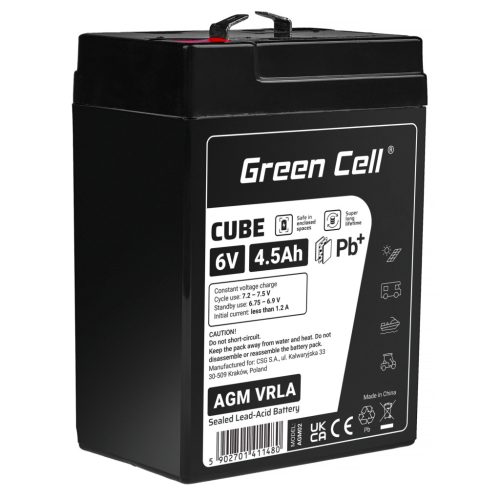 Green Cell CUBE AGM IP54 6V 4Ah VRLA akkumulátor gél mélykisülés elleni védelemmel robogóhoz, fűnyíróhoz, hajóhoz, bárkához, traktorhoz, halászhajóhoz AGM6V4-5AH-J