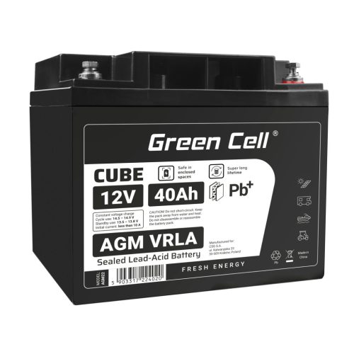 Green Cell CUBE AGM IP54 12V 40Ah VRLA akkumulátor gél mélykisülés elleni védelemmel robogóhoz, fűnyíróhoz, hajóhoz, bárkához, traktorhoz, halászhajóhoz AGM12V40AH-J