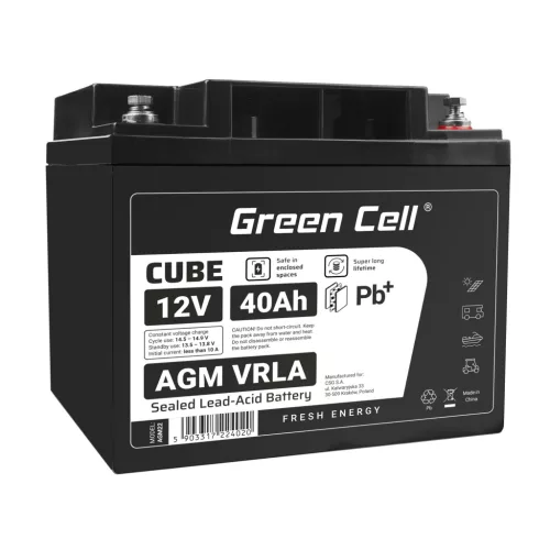 Green Cell CUBE AGM IP54 12V 40Ah VRLA battery with gel deep discharge protection for scooters, lawn mowers, boats, barges, tractors, fishing boats AGM12V40AH-J