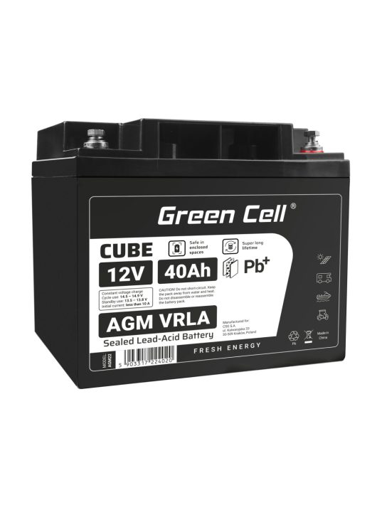 Green Cell CUBE AGM IP54 12V 40Ah VRLA Battery Gel deep cycle scooter mower boat barge mower tractor fishing boat