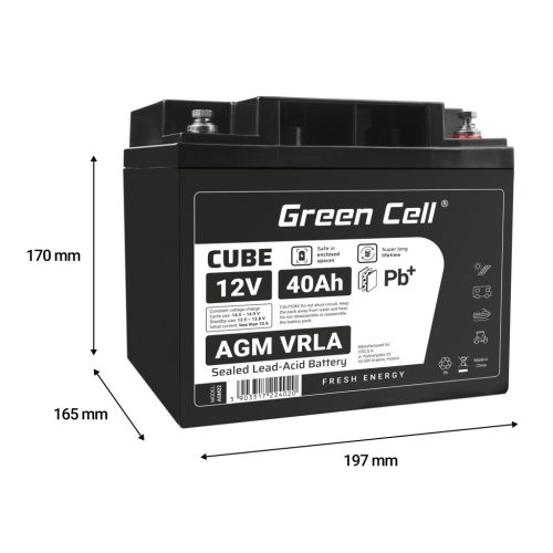Green Cell CUBE AGM IP54 12V 40Ah VRLA akkumulátor gél mélykisülés elleni védelemmel robogóhoz, fűnyíróhoz, hajóhoz, bárkához, traktorhoz, halászhajóhoz AGM12V40AH-J