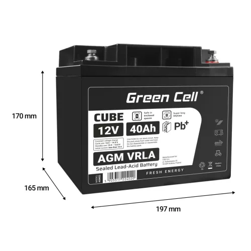 Green Cell CUBE AGM IP54 12V 40Ah VRLA battery with gel deep discharge protection for scooters, lawn mowers, boats, barges, tractors, fishing boats AGM12V40AH-J