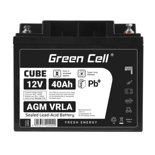 Green Cell CUBE AGM IP54 12V 40Ah VRLA akkumulátor gél mélykisülés elleni védelemmel robogóhoz, fűnyíróhoz, hajóhoz, bárkához, traktorhoz, halászhajóhoz AGM12V40AH-J