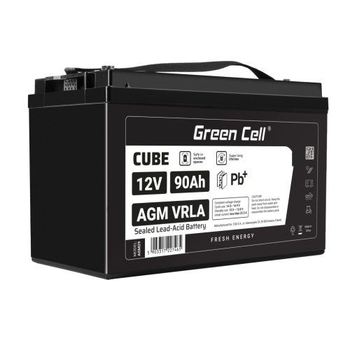 Green Cell CUBE AGM IP54 12V 90Ah VRLA akkumulátor gél mélykisülés elleni védelemmel robogóhoz, fűnyíróhoz, hajóhoz, bárkához, traktorhoz, halászhajóhoz AGM12V90AH