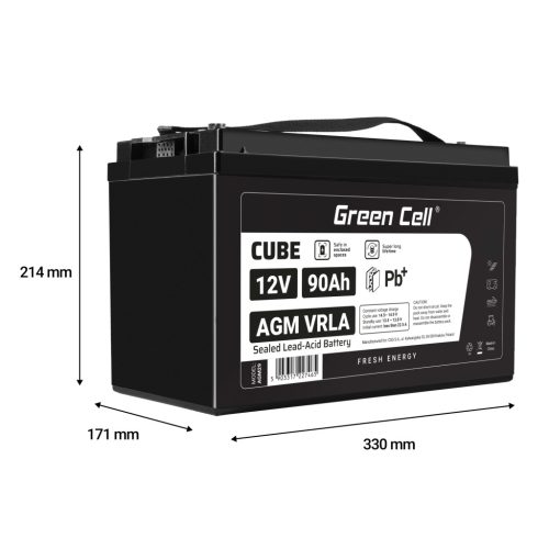 Green Cell CUBE AGM IP54 12V 90Ah VRLA akkumulátor gél mélykisülés elleni védelemmel robogóhoz, fűnyíróhoz, hajóhoz, bárkához, traktorhoz, halászhajóhoz AGM12V90AH