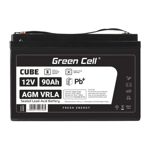 Green Cell CUBE AGM IP54 12V 90Ah VRLA akkumulátor gél mélykisülés elleni védelemmel robogóhoz, fűnyíróhoz, hajóhoz, bárkához, traktorhoz, halászhajóhoz AGM12V90AH
