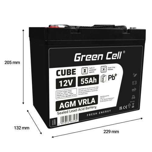 Green Cell CUBE AGM IP54 12V 55Ah VRLA akkumulátor gél mélykisülés elleni védelemmel robogóhoz, fűnyíróhoz, hajóhoz, bárkához, traktorhoz, halászhajóhoz AGM12V55AH-J