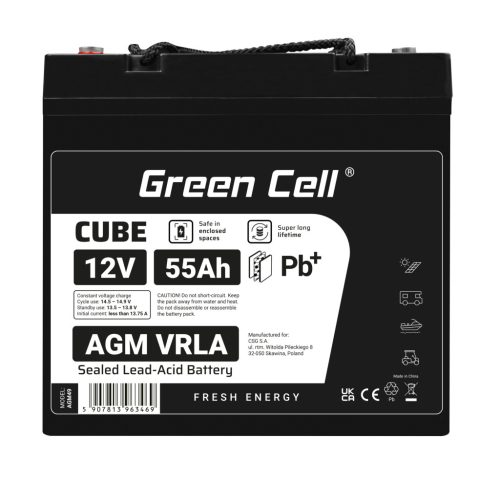 Green Cell CUBE AGM IP54 12V 55Ah VRLA akkumulátor gél mélykisülés elleni védelemmel robogóhoz, fűnyíróhoz, hajóhoz, bárkához, traktorhoz, halászhajóhoz AGM12V55AH-J