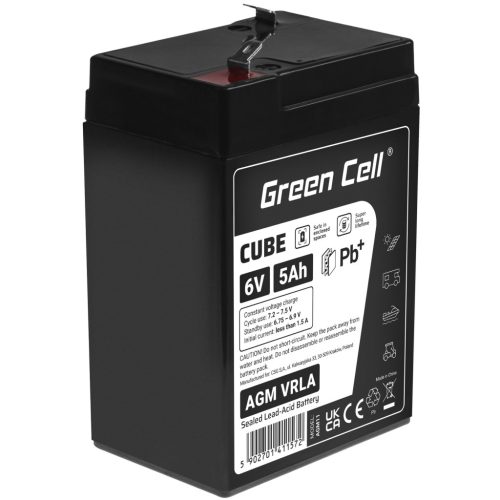 Green Cell CUBE AGM IP54 6V 5Ah VRLA akkumulátor gél mélykisülés elleni védelemmel gyerekjátékokhoz, riasztórendszerekhez AGM6V5AH-J