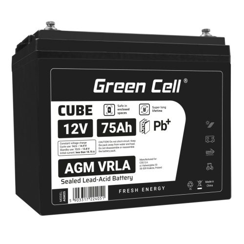 Green Cell CUBE AGM IP54 12V 75Ah VRLA akkumulátor gél mélykisülés elleni védelemmel elektromos kerekesszékhez, fotovoltaikus rendszerekhez, szabadidős akkumulátor, lakóautóhoz AGM12V75AH-J